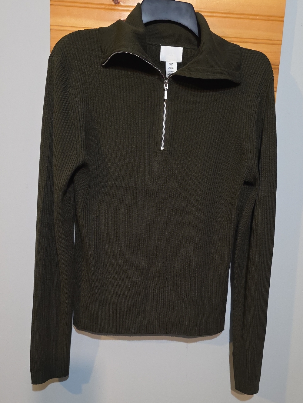 H&M Olive Ribbed Half-Zip Pullover Mock Neck Fitted Top Medium